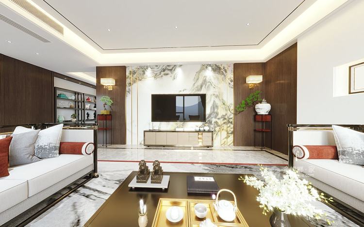 260平花山别墅新中式风格-韵入自然，轻奢生活-客厅效果图及设计说明