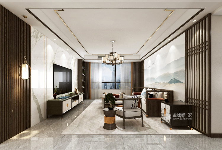 163平晋府壹号新中式风格-至简却富含韵味的新中式-客厅效果图及设计说明