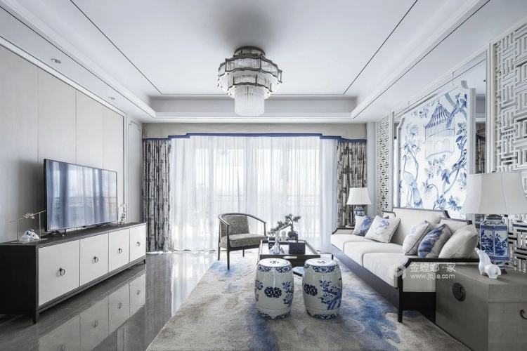 170平阅园新中式风格-传统青花瓷与中现代文化的交融-客厅效果图及设计说明