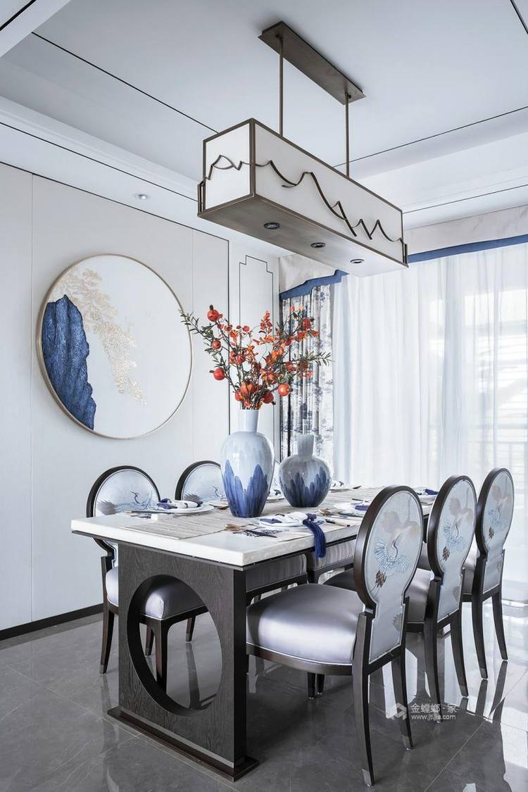 170平阅园新中式风格-传统青花瓷与中现代文化的交融-餐厅效果图及设计说明