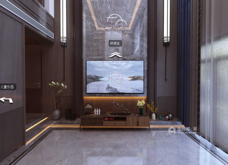 600平华邦城别墅新中式风格-客厅效果图及设计说明