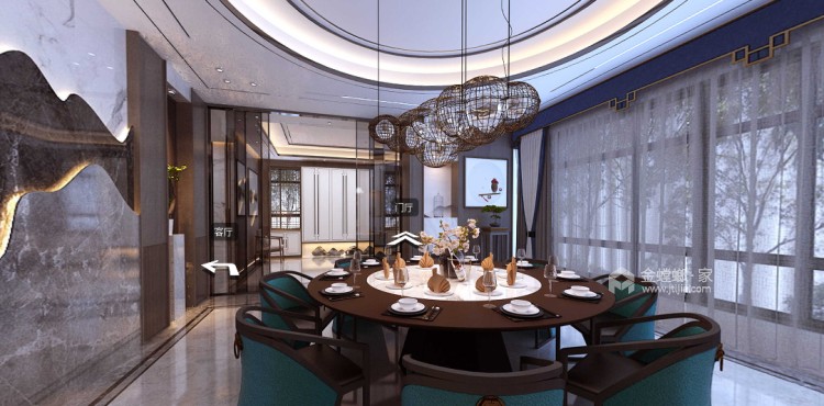 600平华邦城别墅新中式风格-餐厅效果图及设计说明