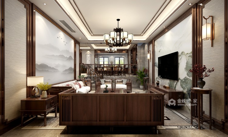 270平望府景园新中式风格-返璞归真-客厅效果图及设计说明
