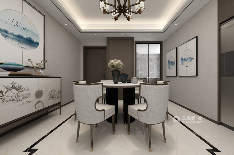 129平红星天铂新中式风格-4口之家，最大空间利用-餐厅效果图及设计说明