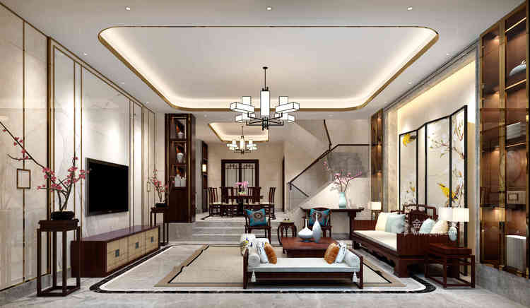 380平中信香樟墅新中式风格-客厅效果图及设计说明