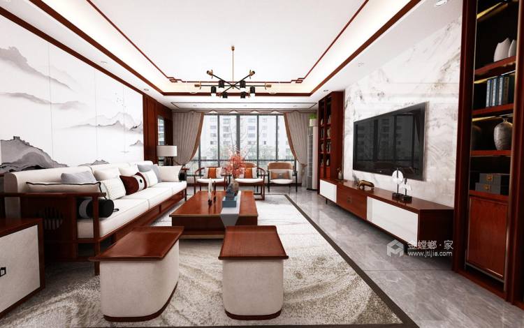 160平墨香居新中式风格-中国式的优雅奢华-客厅效果图及设计说明