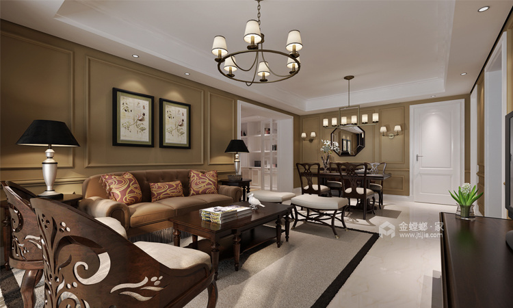 135平明珠皇冠美式风格-美式的沉稳-客厅效果图及设计说明