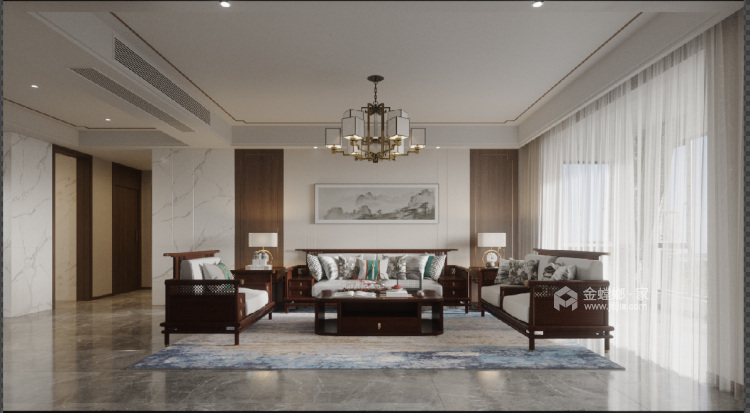 140平富园名都新中式风格-客厅效果图及设计说明