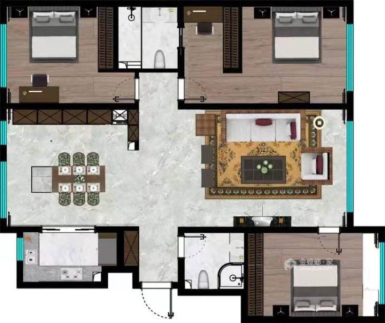 135平壹湖国际现代风格-三室三卫一厅一厨-空间效果图
