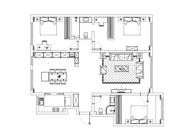 135平壹湖国际现代风格-三室三卫一厅一厨-平面布置图