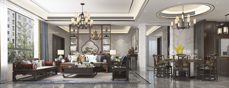 350平郁府自建民居新中式风格-客厅效果图及设计说明