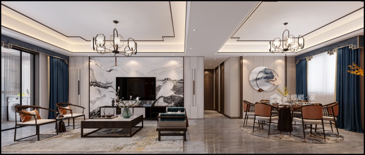 200平中海天钻新中式风格—静·雅-客厅效果图及设计说明
