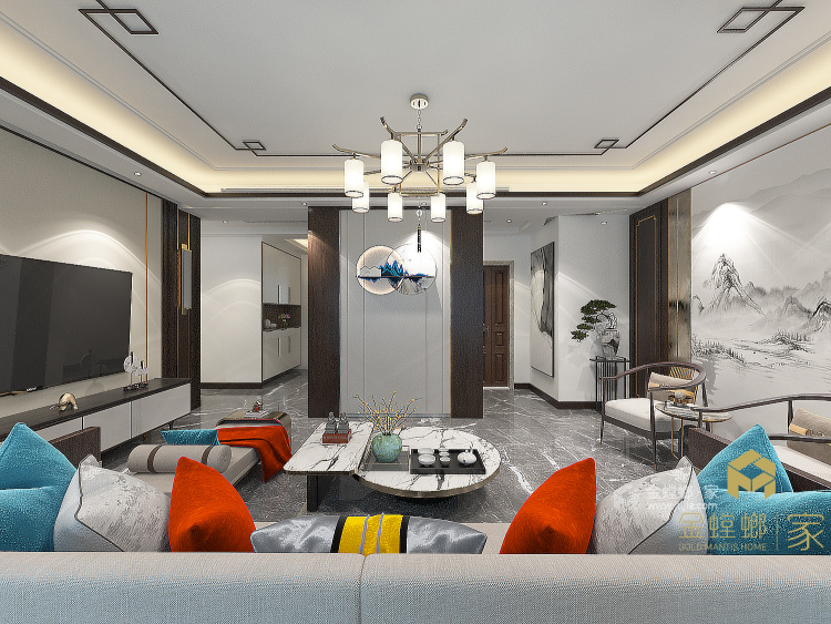 139平保利净月和府新中式风格-客厅效果图及设计说明