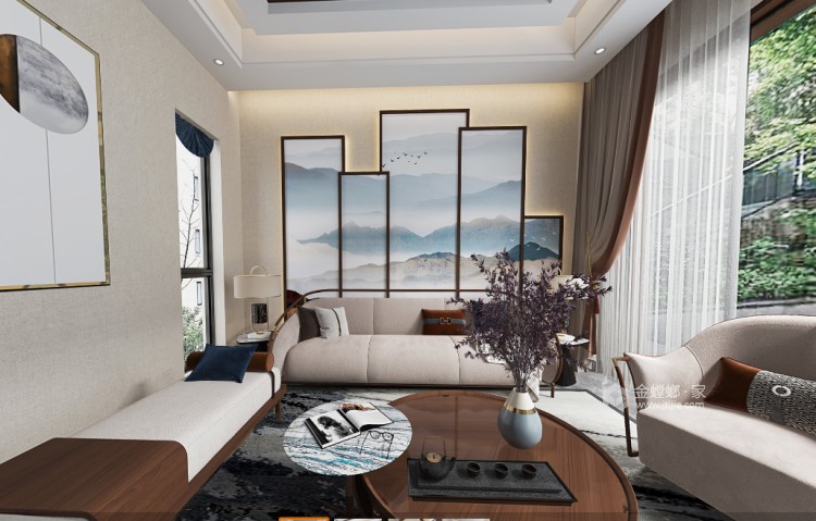 135平峨眉观顶新中式风格-悠闲的度假生活-客厅效果图及设计说明
