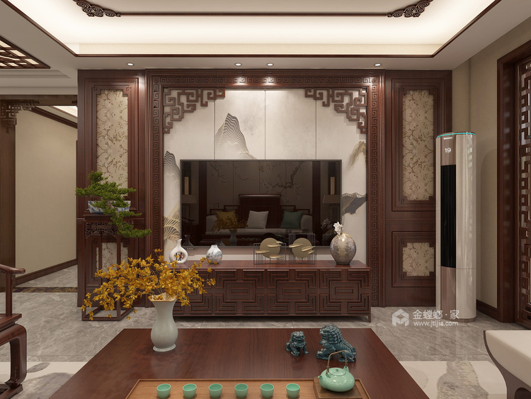 150平悦湖会中式风格-客厅效果图及设计说明