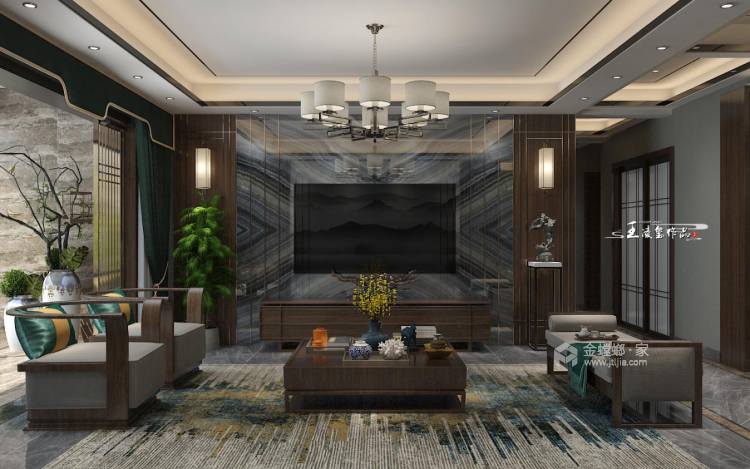 140平中信国安城新中式风格-客厅效果图及设计说明