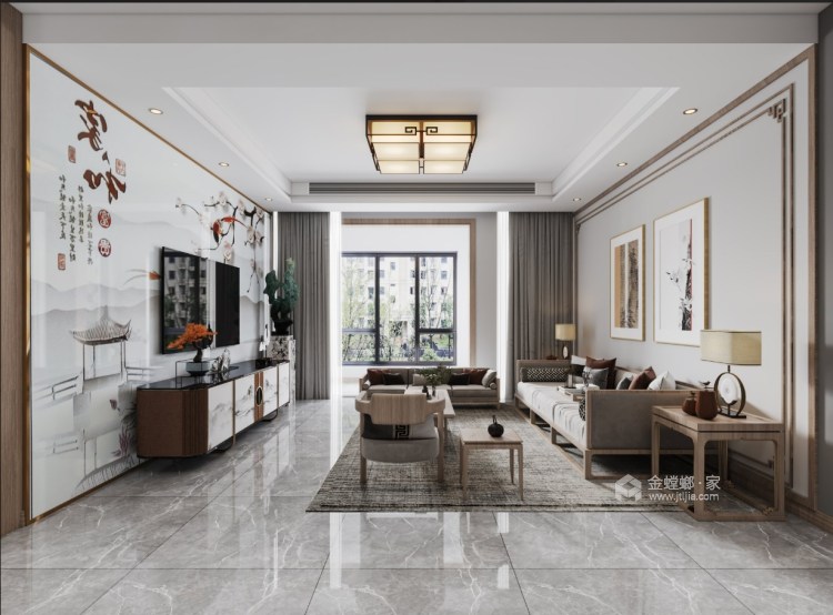 130平龙泽国际新中式风格-客厅效果图及设计说明