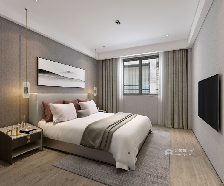 140平周山汇水现代风格-卧室效果图及设计说明