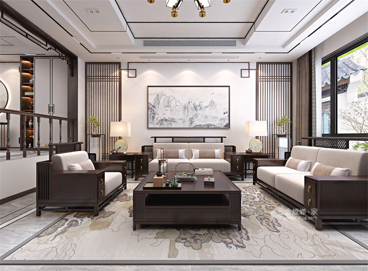240平东城江南新中式风格-客厅效果图及设计说明