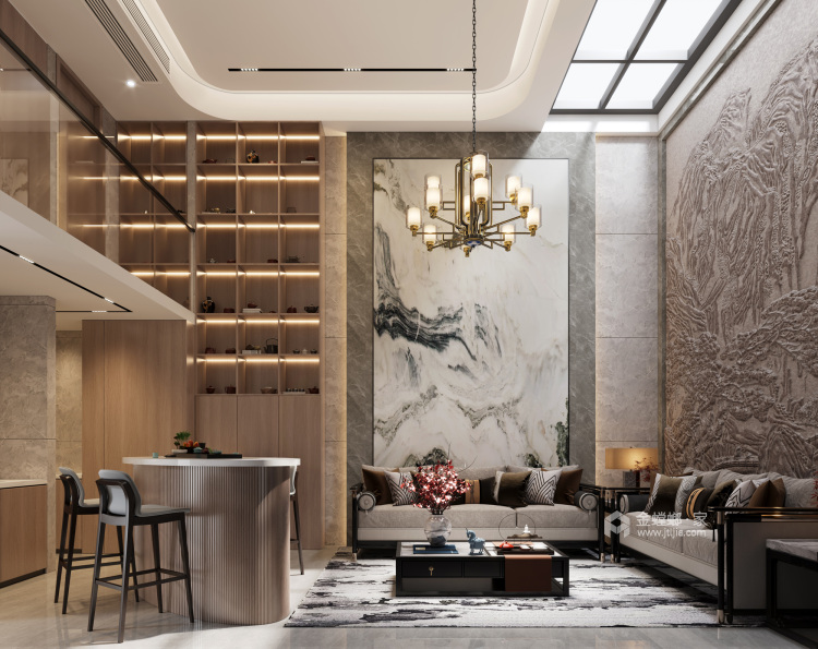400平康帝庄园新中式风格-客厅效果图及设计说明