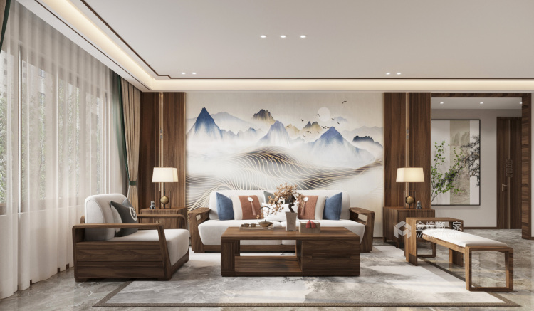 127平中海阅麓山新中式风格-客厅效果图及设计说明
