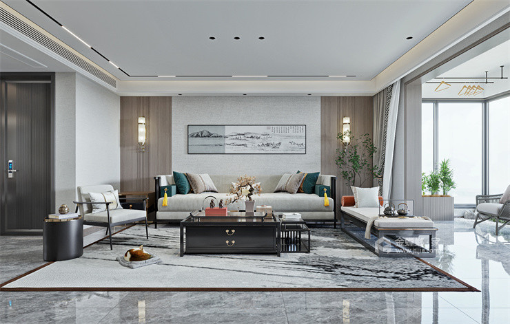 180平金奥国际新中式风格-客厅效果图及设计说明