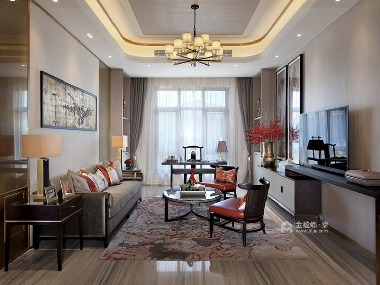450平天房光合谷别墅新中式风格-韵味提炼东方美学-客厅效果图及设计说明