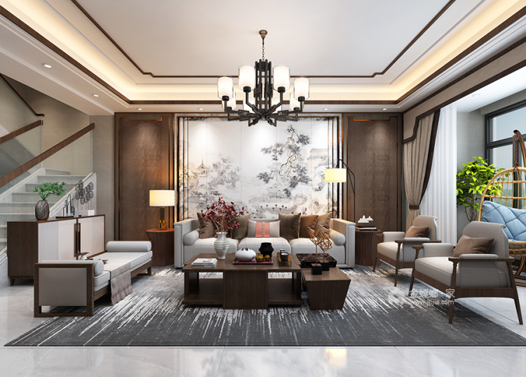 220平众富御园新中式风格-客厅效果图及设计说明