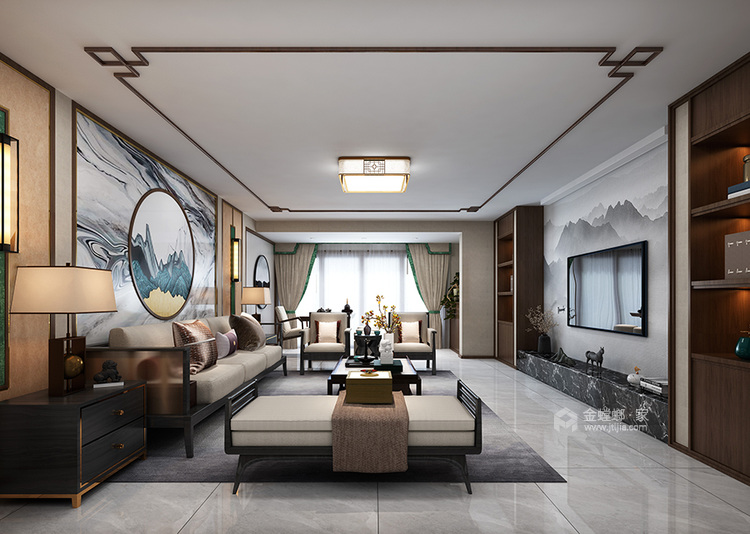 220平众富御园新中式风格-客厅效果图及设计说明
