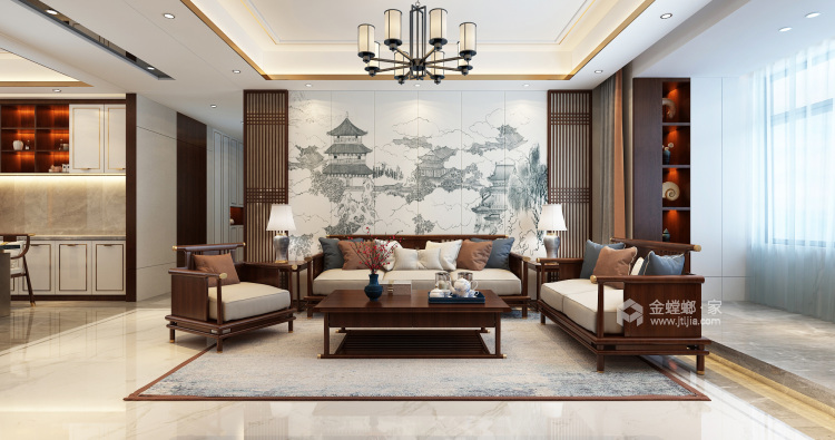 147平龙湾写意新中式风格-客厅效果图及设计说明