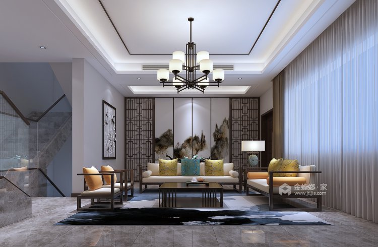 280平大通珑湾新中式风格-云卷云舒的慢生活-客厅效果图及设计说明