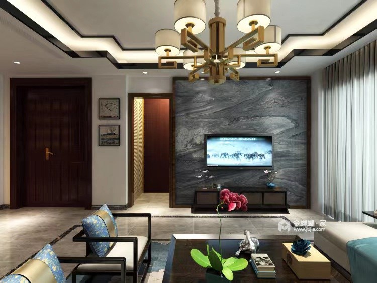 160平尚海郦景新中式风格-客厅效果图及设计说明
