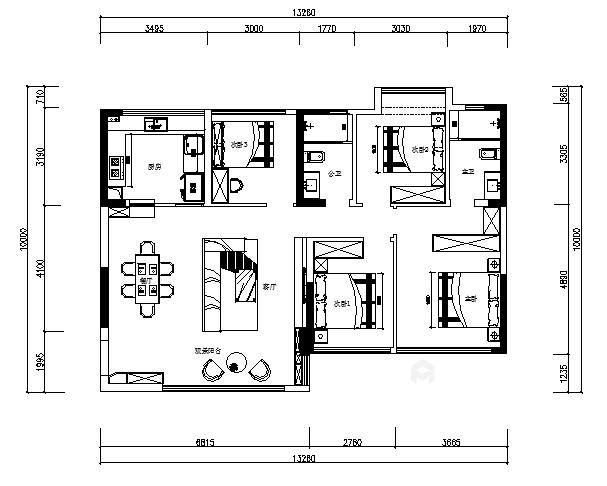 115平路易大地现代风格-三室两厅-平面设计图及设计说明