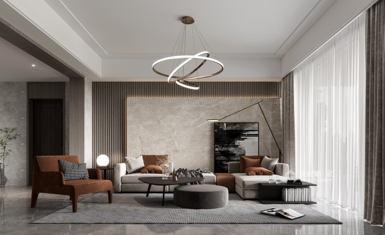 300平富尧山庄现代风格-演绎优雅灰调-客厅效果图及设计说明