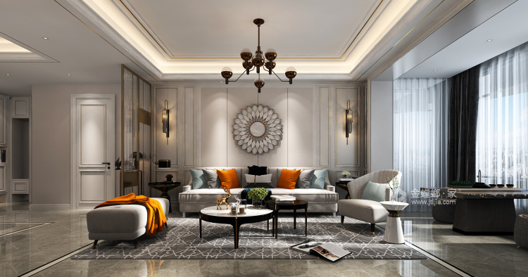 130平海马公园美式风格-不一样的美式轻奢-客厅效果图及设计说明