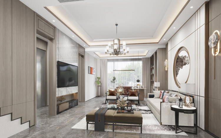 400平现代园墅新中式风格-客厅效果图及设计说明
