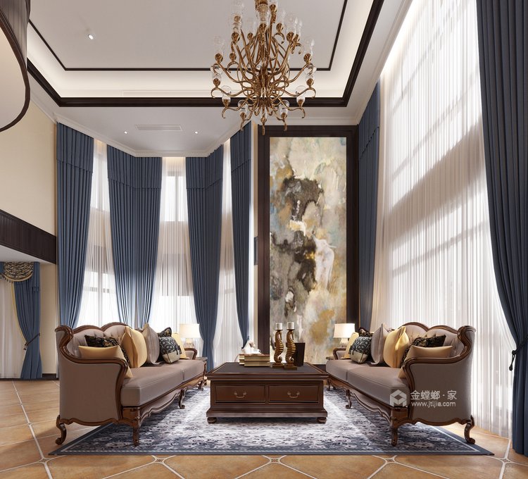 550平中大易墅美式风格-将光阴的故事娓娓道来-客厅效果图及设计说明