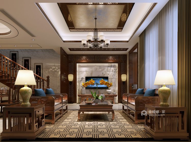 350平御江山中式风格-时光留下的温润与澄静-客厅效果图及设计说明