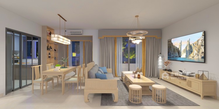100平京师家园中式风格-质朴的原木中式设计-客厅效果图及设计说明