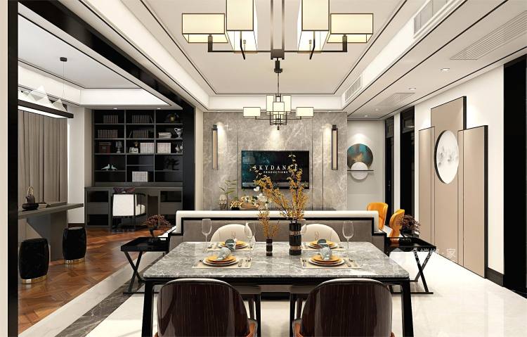150平城南新天地新中式风格-客厅效果图及设计说明