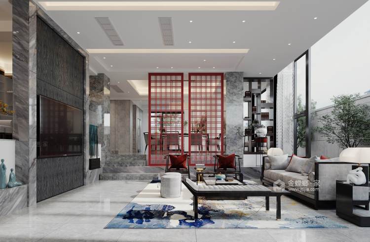 460平上河城新中式风格-别墅，大隐于世的东方美学-客厅效果图及设计说明