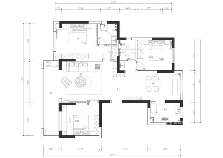 128平爱家尚城现代风格-高品质的三口之家-平面布置图