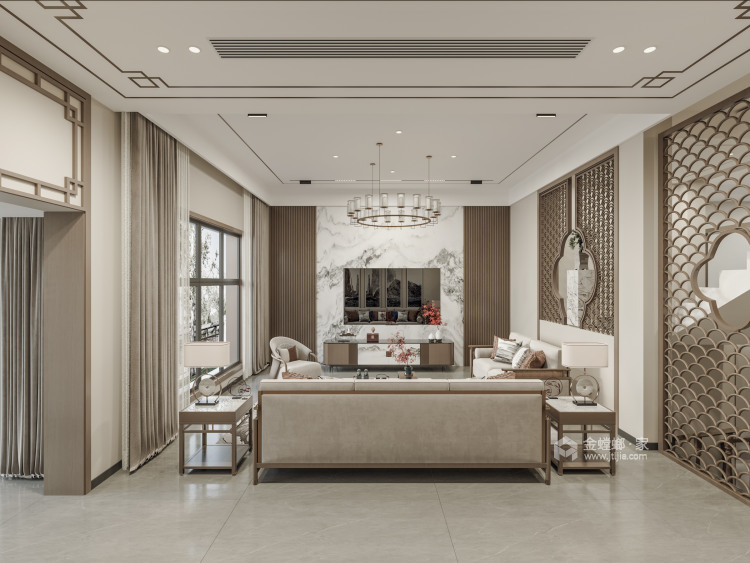 215平原墅名君别院新中式风格-客厅效果图及设计说明