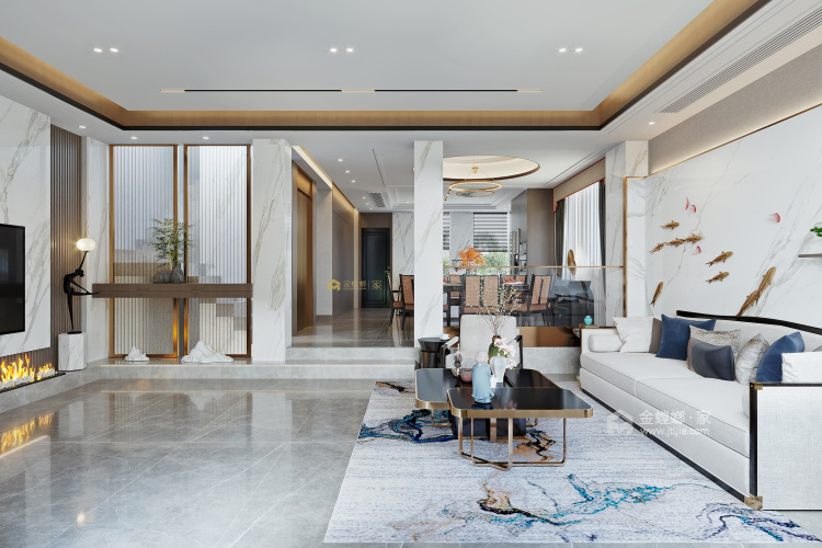 350平维科新中式风格—别墅-客厅效果图及设计说明