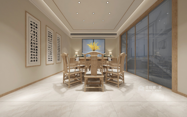 520平自建别墅新中式风格-餐厅效果图及设计说明