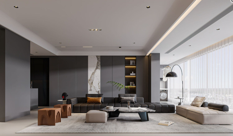 140平苏荷江山印黑白灰现代简约-客厅效果图及设计说明
