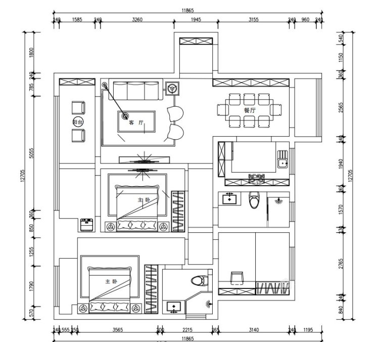 105平建业桂园法式风格-平面布置图