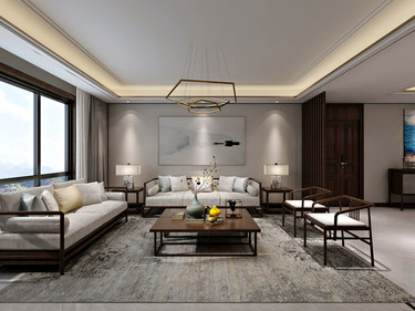 灰色调搭配新中式家具，现代元素与传统元素的结合