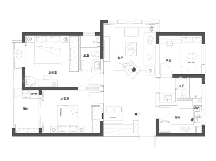 为了126㎡的两居室更有家的感觉，我选择美式清新风-平面布置图