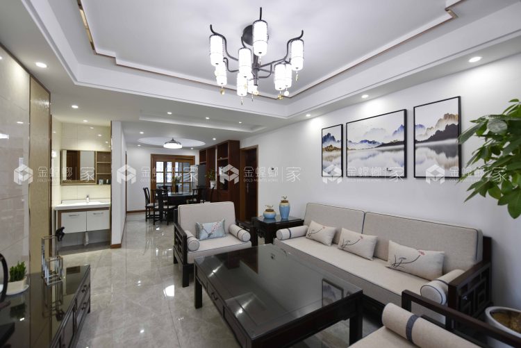 实拍：木质与金属的交融，沉稳雅致100平新中式风格-客厅效果图及设计说明